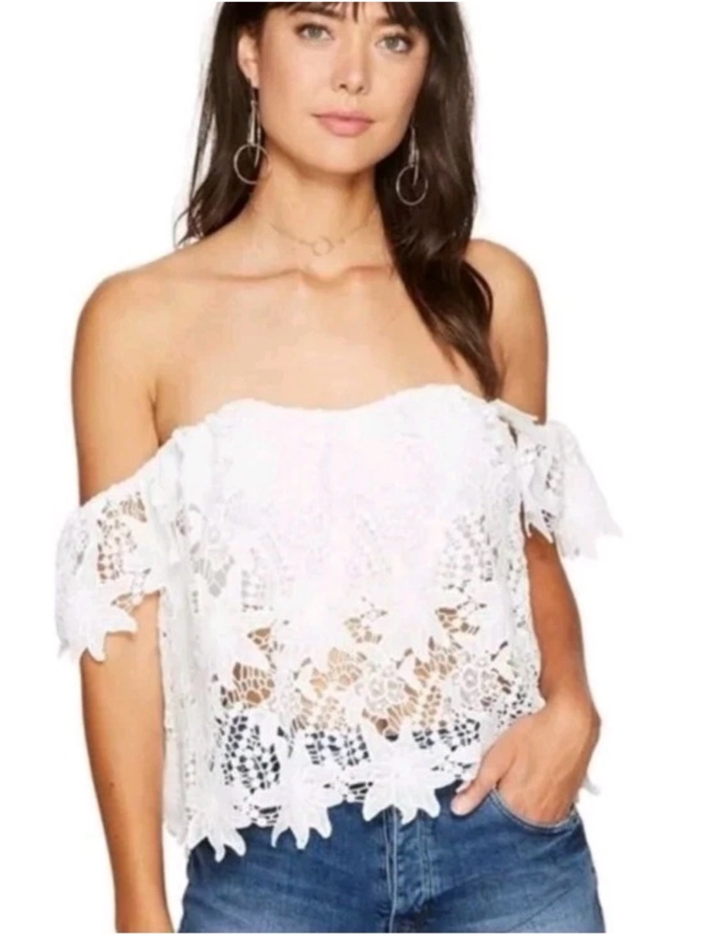 ASTR the Label Adela Off-the-Shoulder Lace Crochet Crop Top